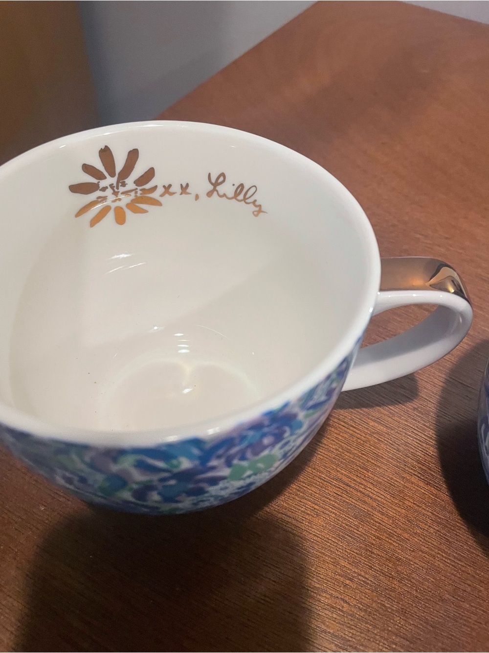 Lilly Pulitzer coffee mugs with gold detail